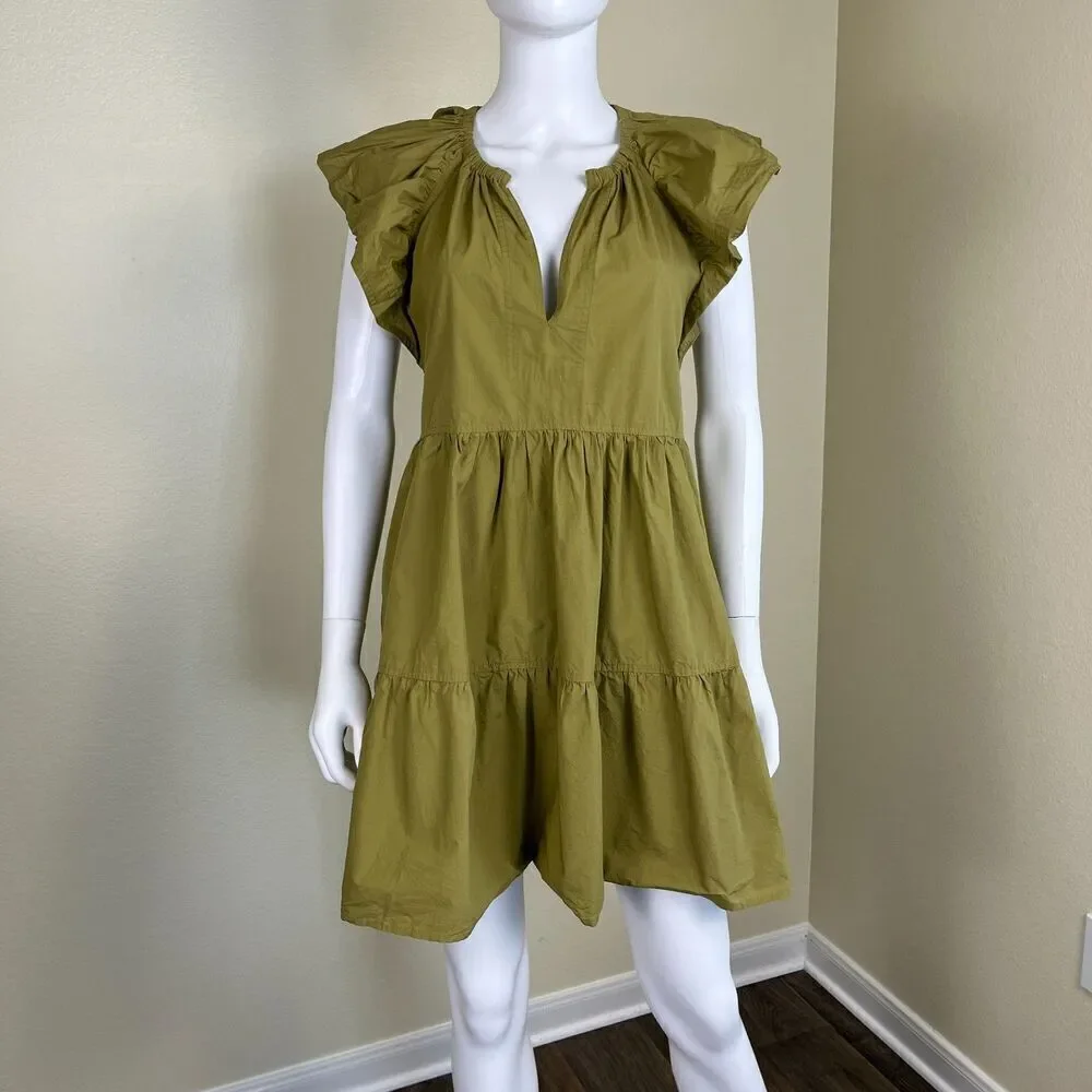Marie Oliver Women Size XS Green Kara Tiered Cotton Babydoll Mini Pullover Dress